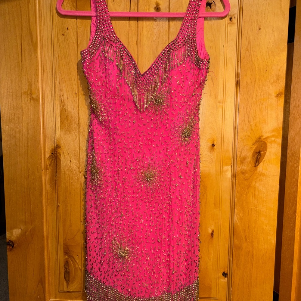 Pink Beaded V-Neck Evening Dress